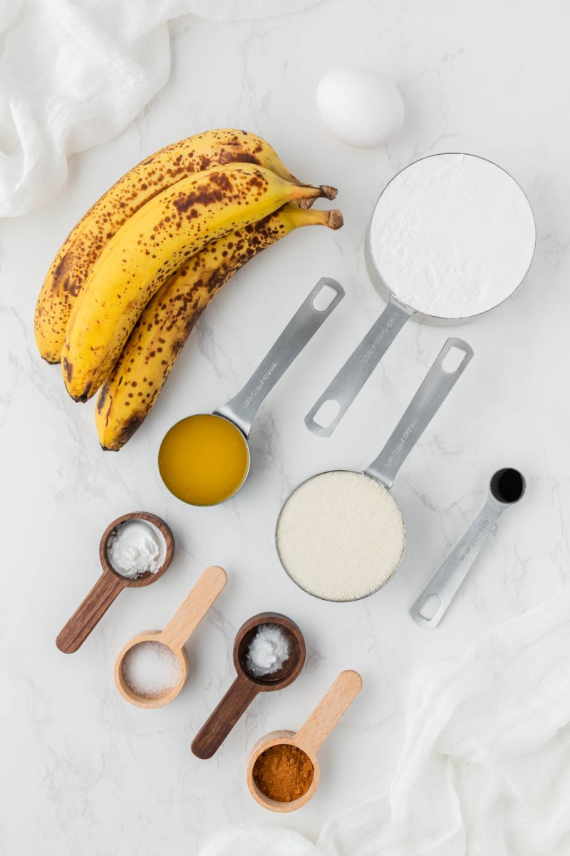 bananas, flour, sugar, cinnamon, and salt in small ingredient bowls