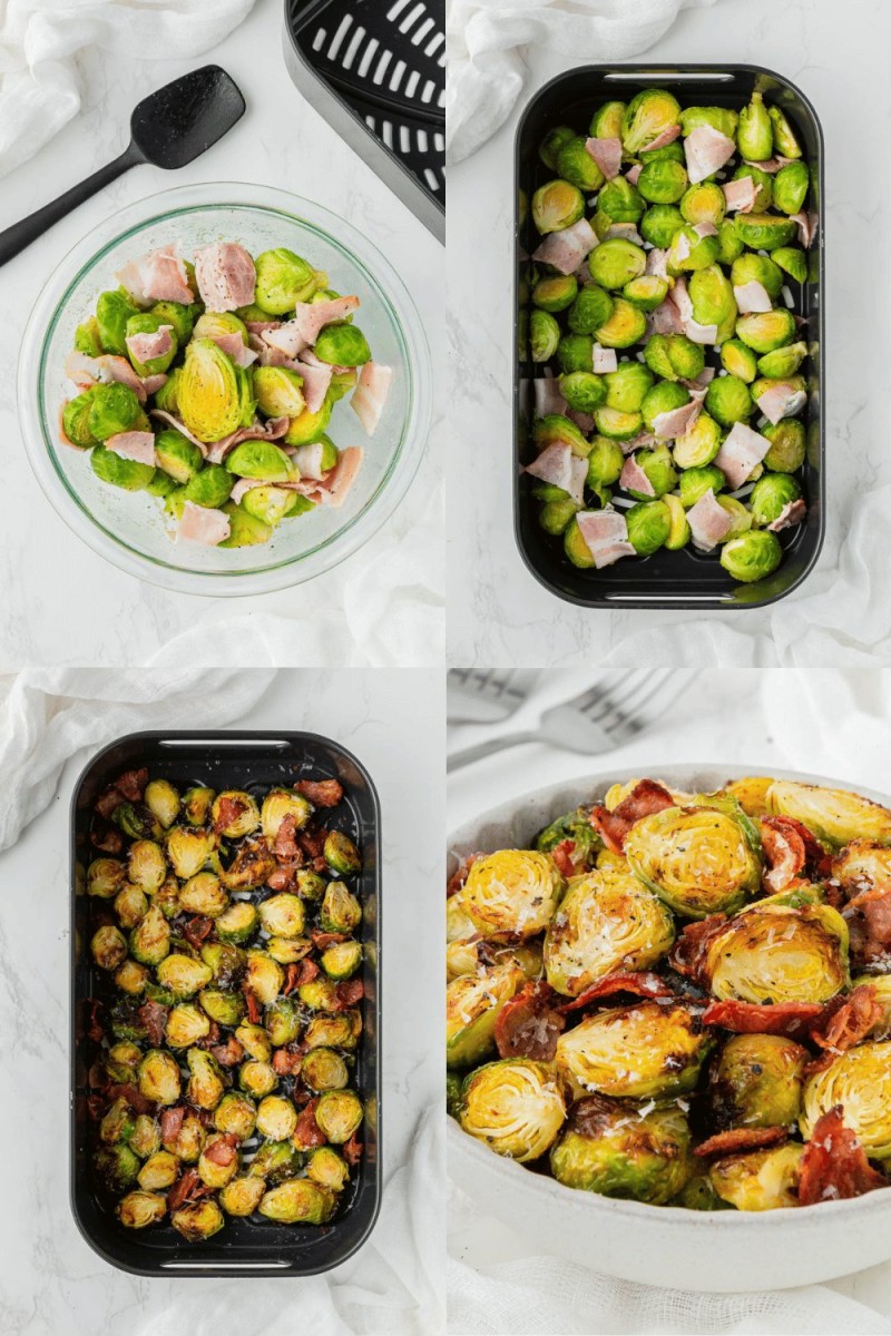 steps for how to make air fryer brussels sprouts with bacon