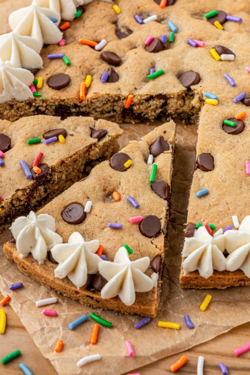 close up of a slice of air fryer chocolate chip cookie cake