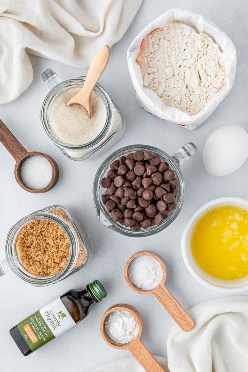 chocolate chips, sugar, flour, melted butter, vanilla extract, salt, and milk in small ingredient bowls