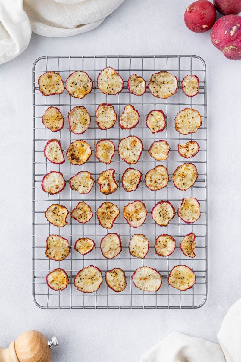 radish chips on a drying rack