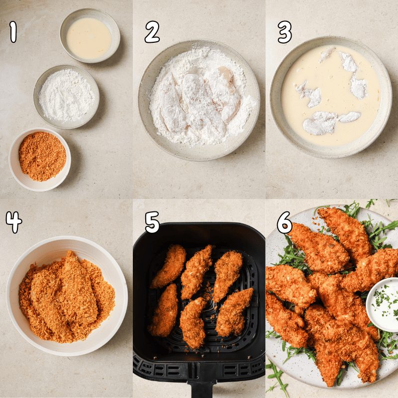 6-image collage showing how to make air fryer doritos chicken tenders.