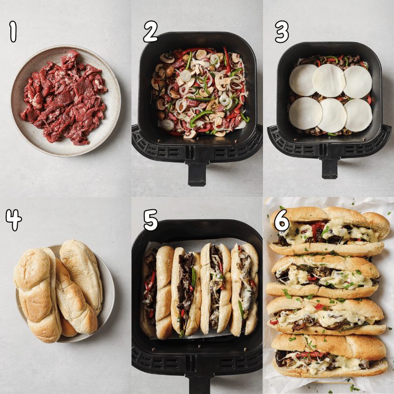 6-photo collage showing how to make air fryer philly cheesesteak.