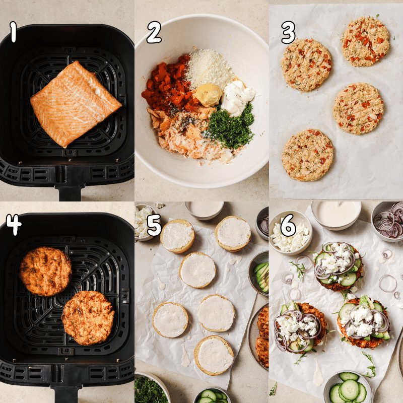 6-photo collage showing how to make air fryer salmon burgers.