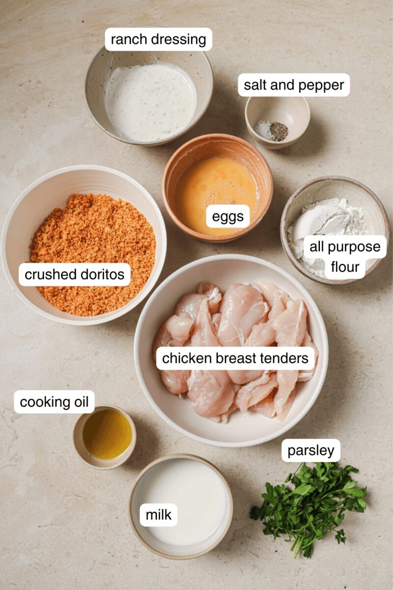 Labeled ingredients for air fryer doritos chicken.