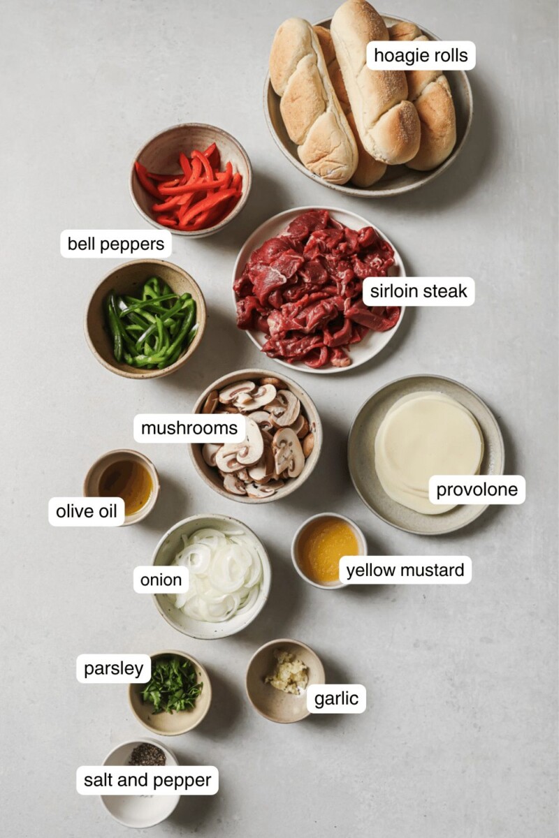 labeled ingredients for air fryer cheesesteak.