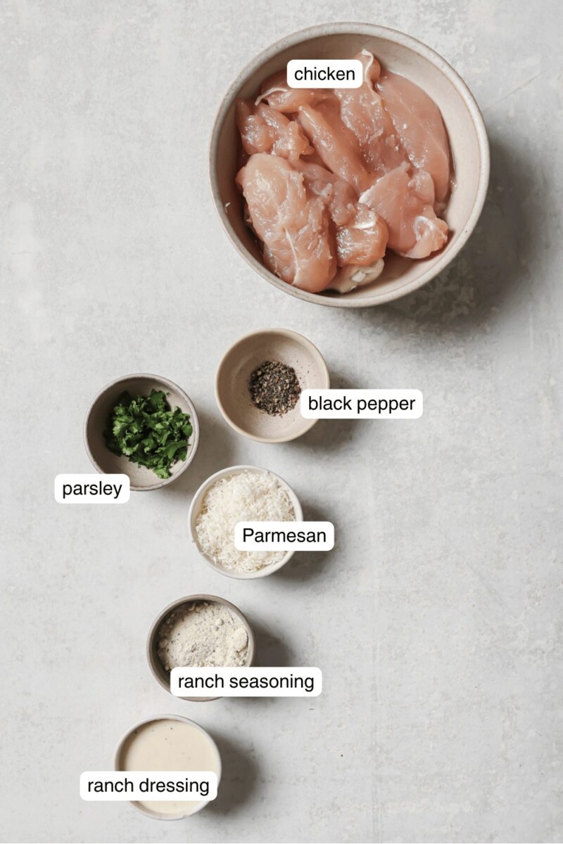 Labeled ingredients for air fryer ranch chicken.