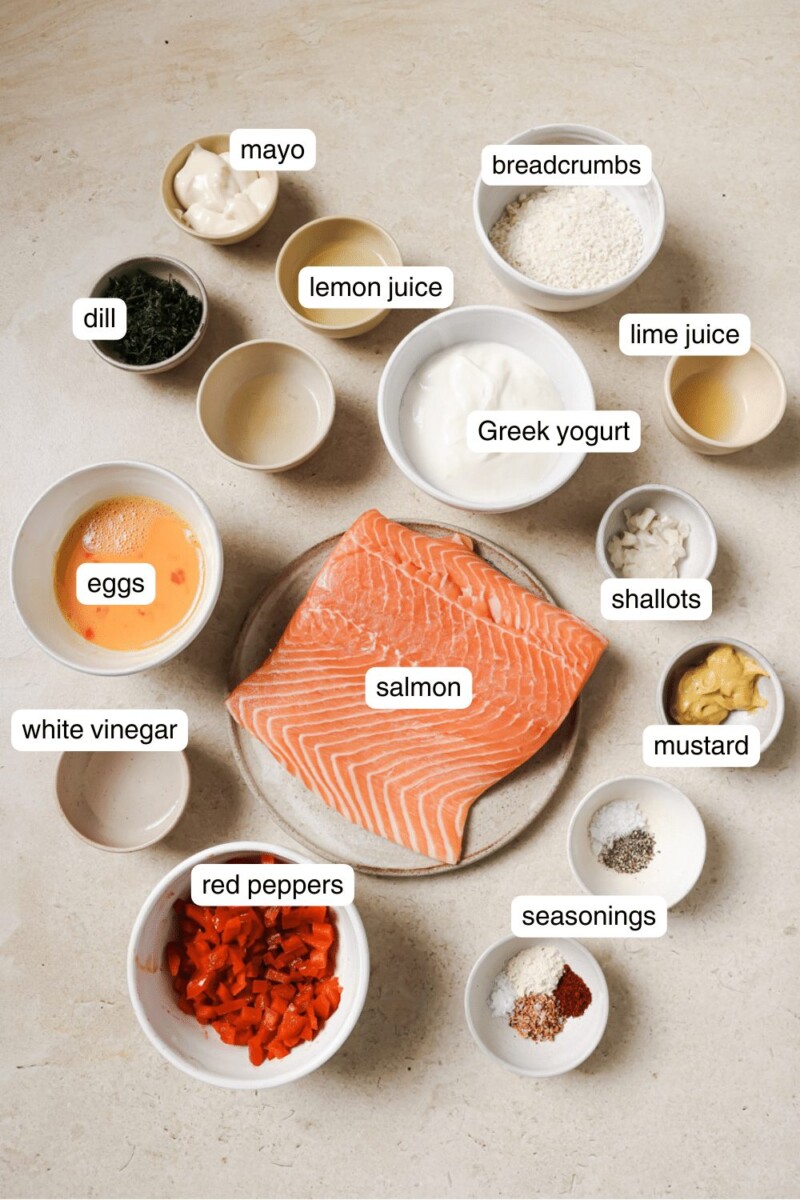 Labeled ingredients for air fryer salmon burgers.