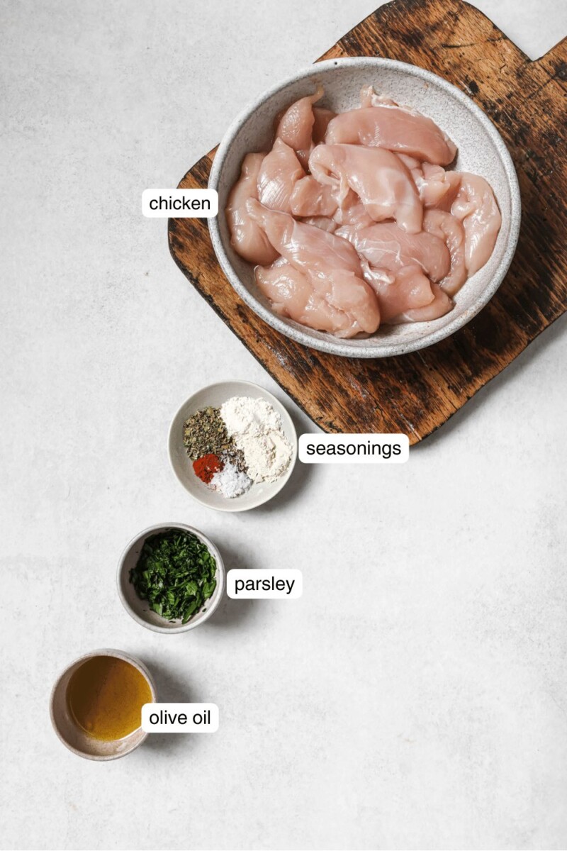 Labeled ingredients for air fryer chicken tenders with no breading.