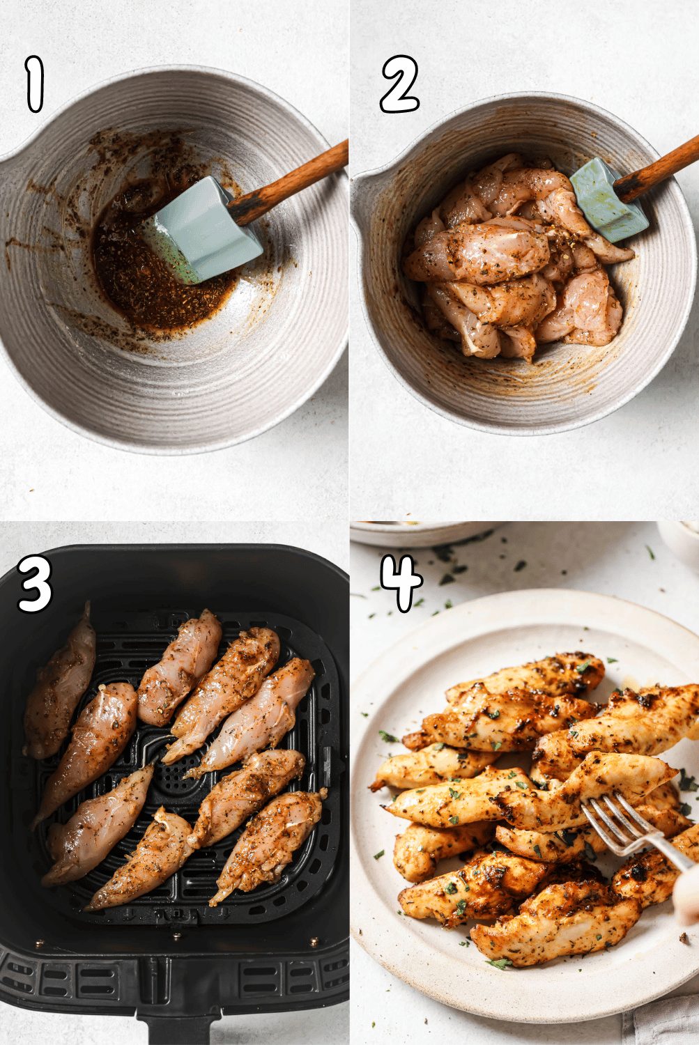 4-photo collage showing how to make chicken tenders with no breading.