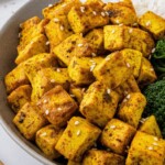 air fryer turmeric tofu close up on a plate