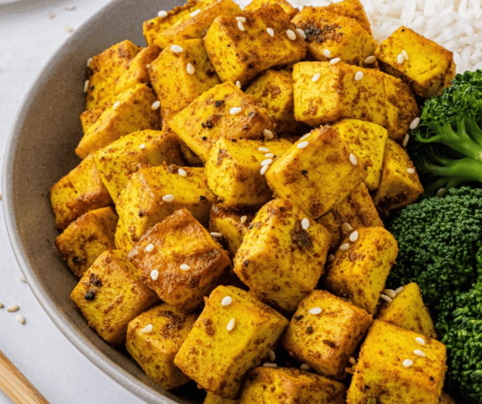air fryer turmeric tofu close up on a plate