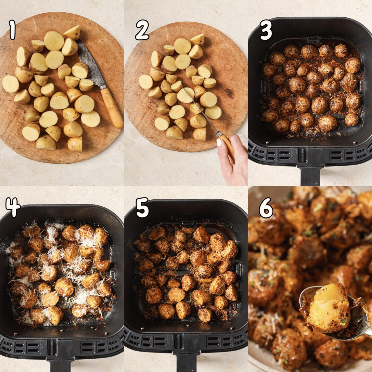 6-photo collage showing how to make air fryer parmesan potatoes.