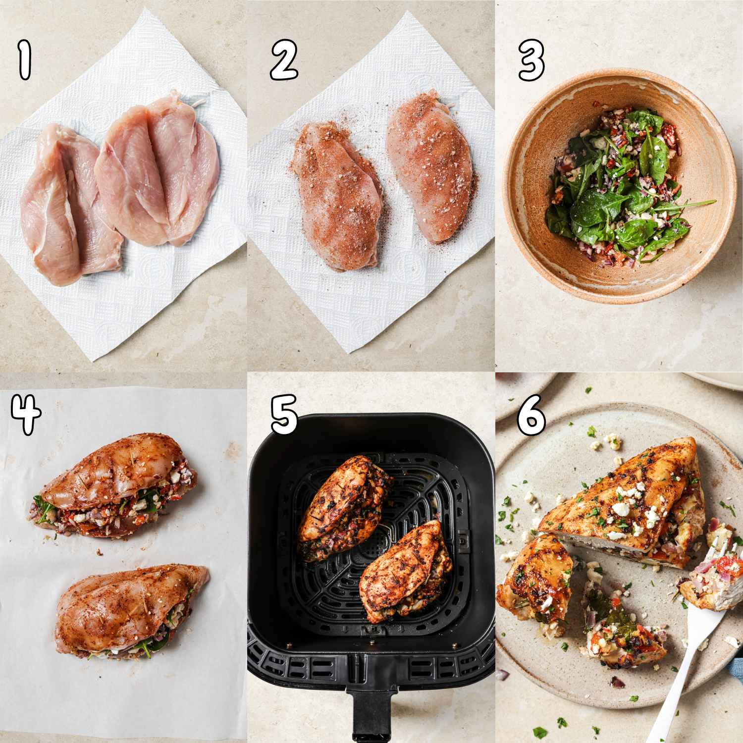 6-photo collage showing how to make air fryer stuffed chicken breast.