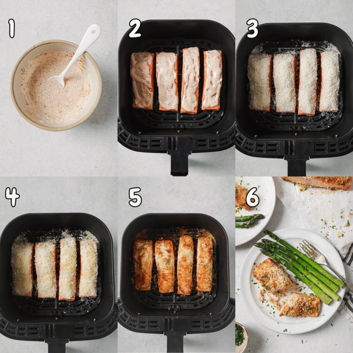 6-step collage showing how to make panko crusted salmon.