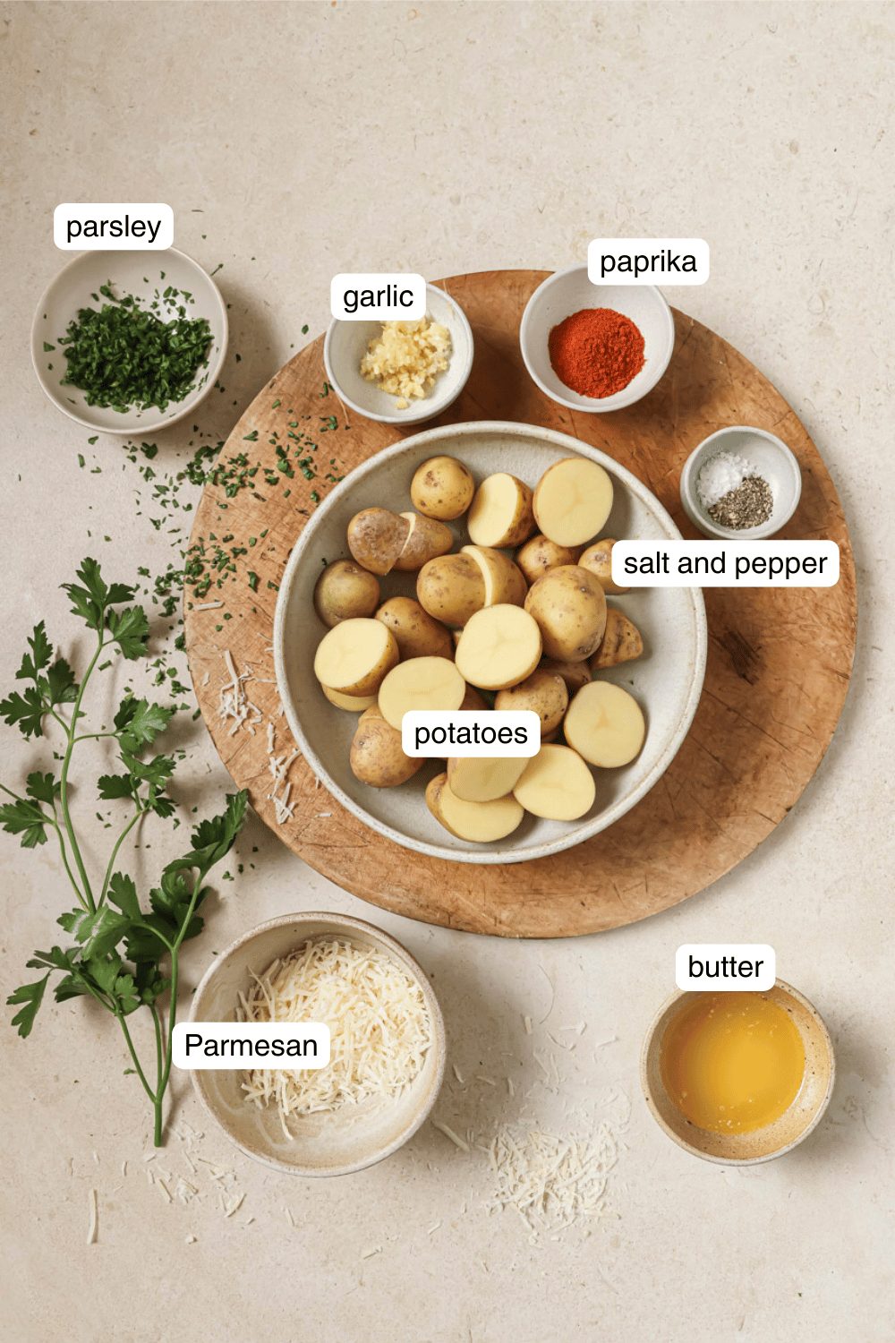 Labeled ingredients for air fryer parmesan potatoes.