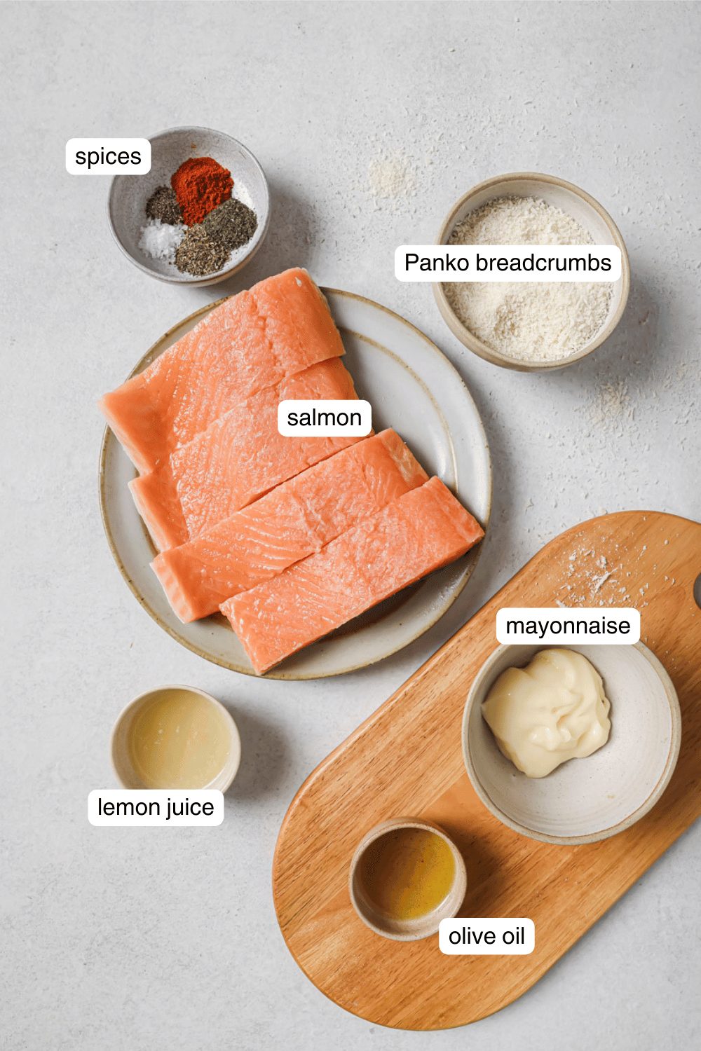 Labeled ingredients for panko crusted salmon.