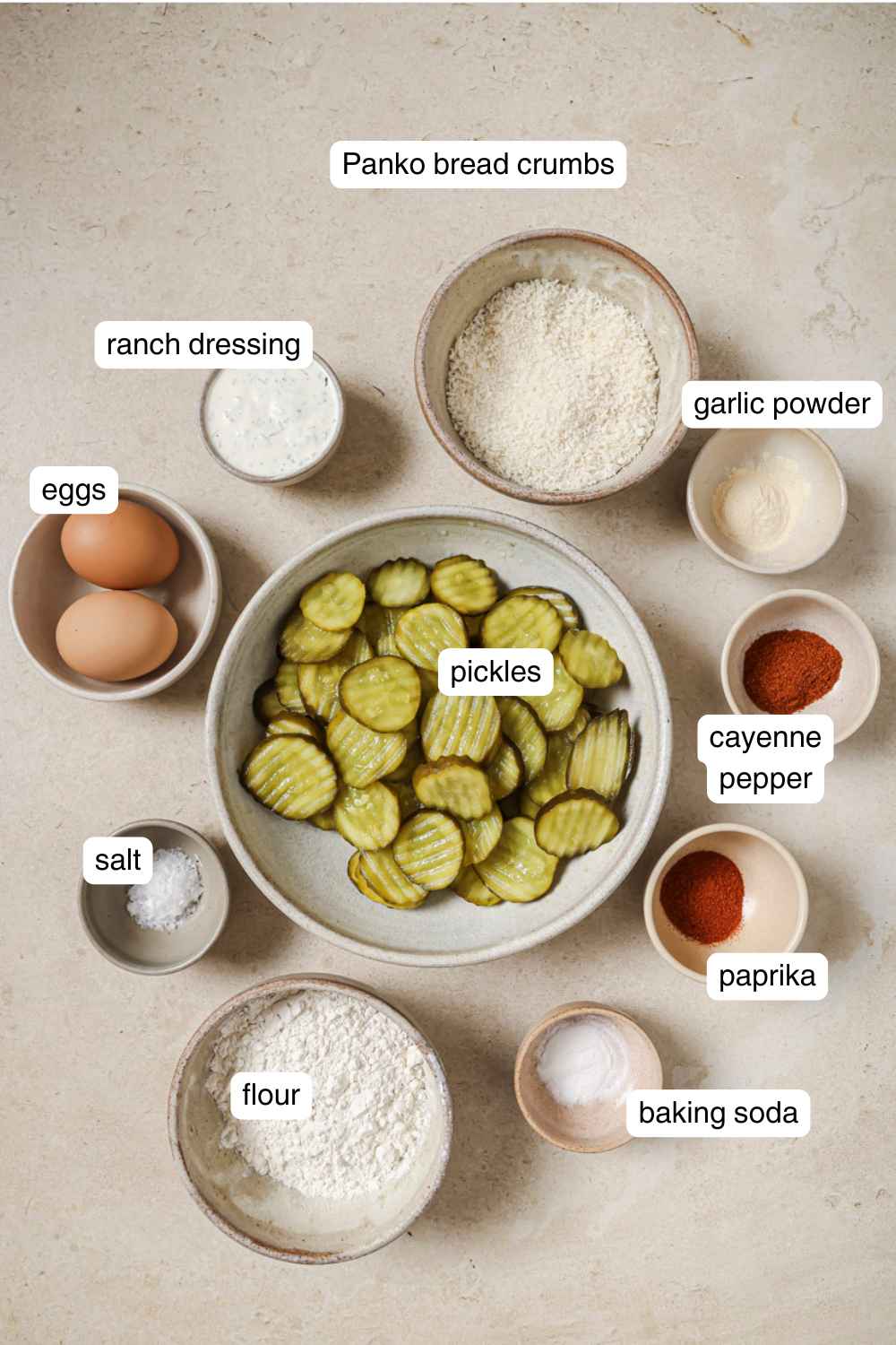 Labeled ingredients for air fried pickles.