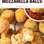 a pinterest pin with a photo of air fryer mozzarella balls and a side of marinara sauce.