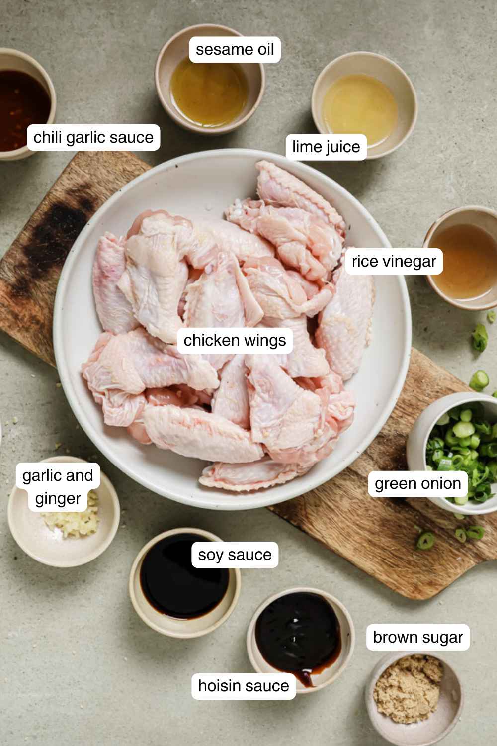 Labeled ingredients for air fryer asian wings.