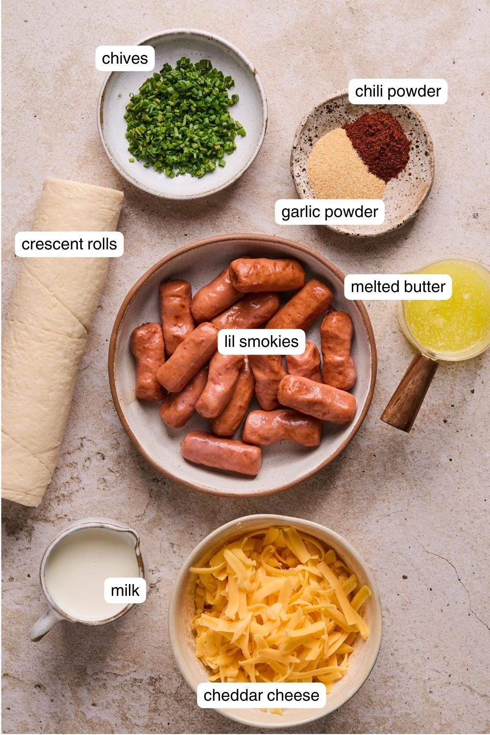 Labeled ingredients for air fryer pigs in a blanket.