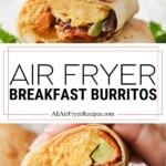 Air fryer breakfast burritos filled with scrambled eggs, peppers, onions, and avocado, stacked on top of each other.